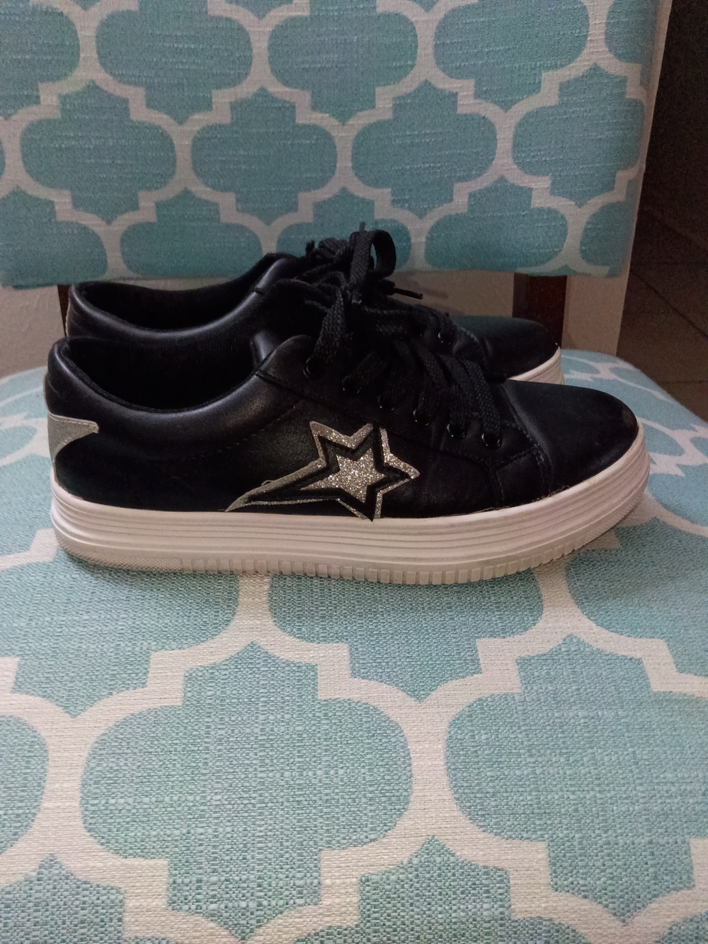 Black Women's Platform Sneakers with Silver Star Accent